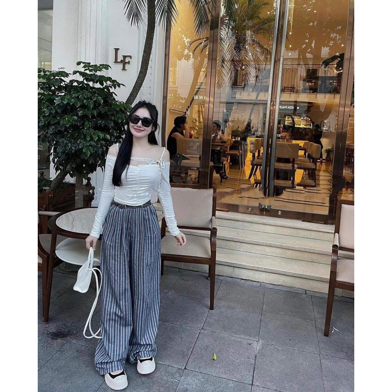 Áo Thun Dài Tay Trễ Vai Phối Dây Chữ Thắt Nơ