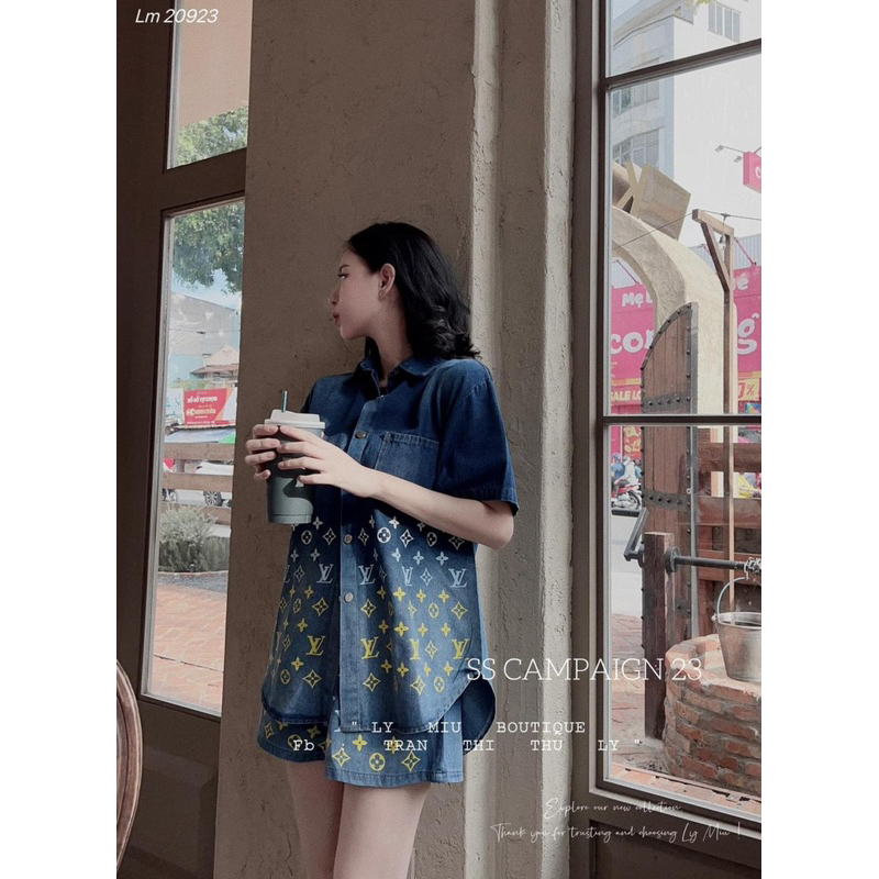 Set Bộ Sơ Mi Jeans Loang Pha Hoạ Tiết Chữ L V Mix Quần Sooc