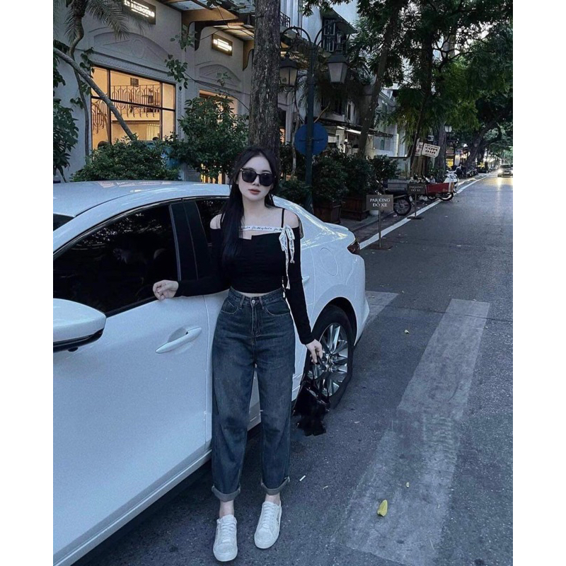 Áo Thun Dài Tay Trễ Vai Phối Dây Chữ Thắt Nơ