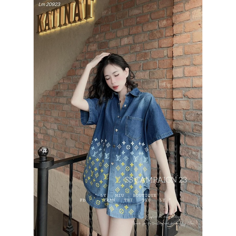 Set Bộ Sơ Mi Jeans Loang Pha Hoạ Tiết Chữ L V Mix Quần Sooc