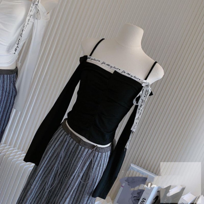 Áo Thun Dài Tay Trễ Vai Phối Dây Chữ Thắt Nơ