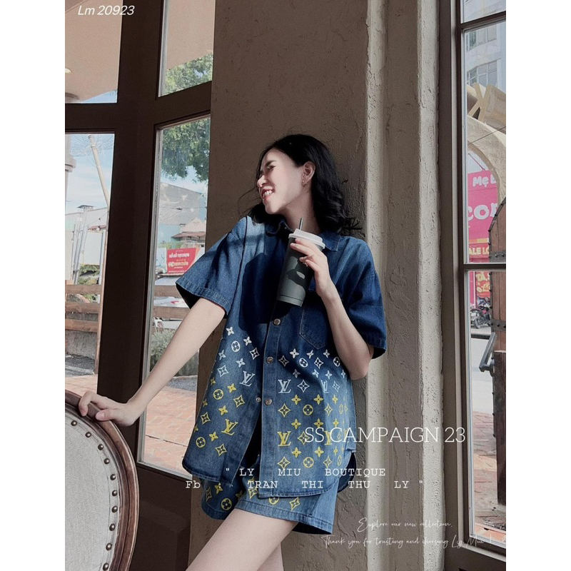 Set Bộ Sơ Mi Jeans Loang Pha Hoạ Tiết Chữ L V Mix Quần Sooc