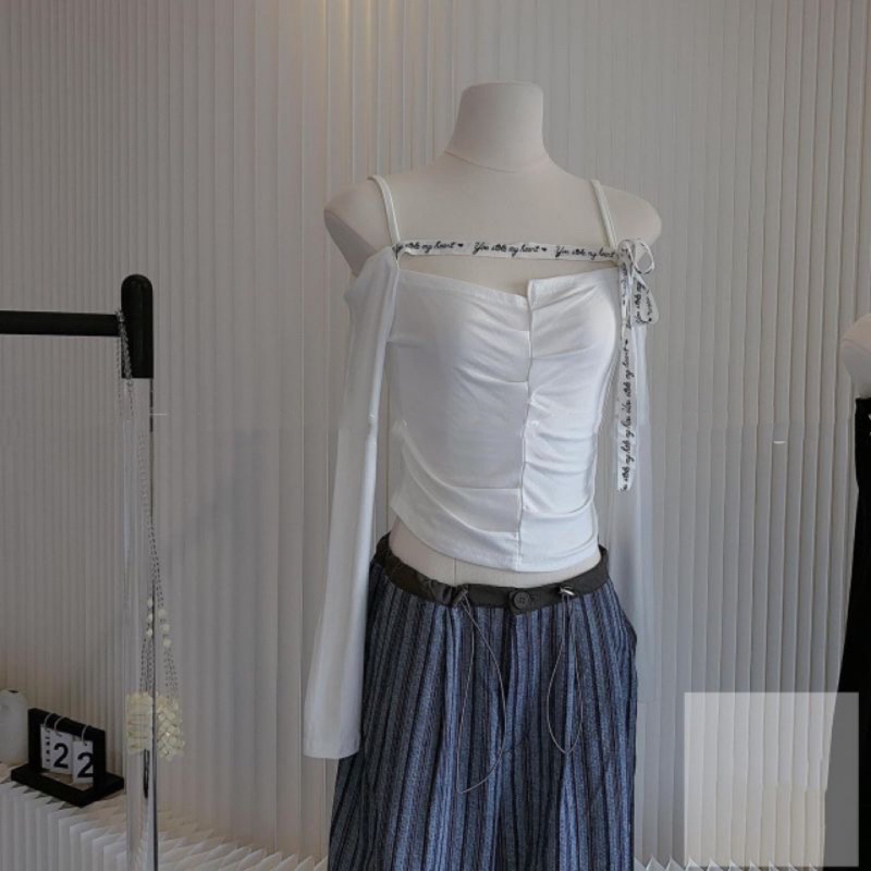 Áo Thun Dài Tay Trễ Vai Phối Dây Chữ Thắt Nơ