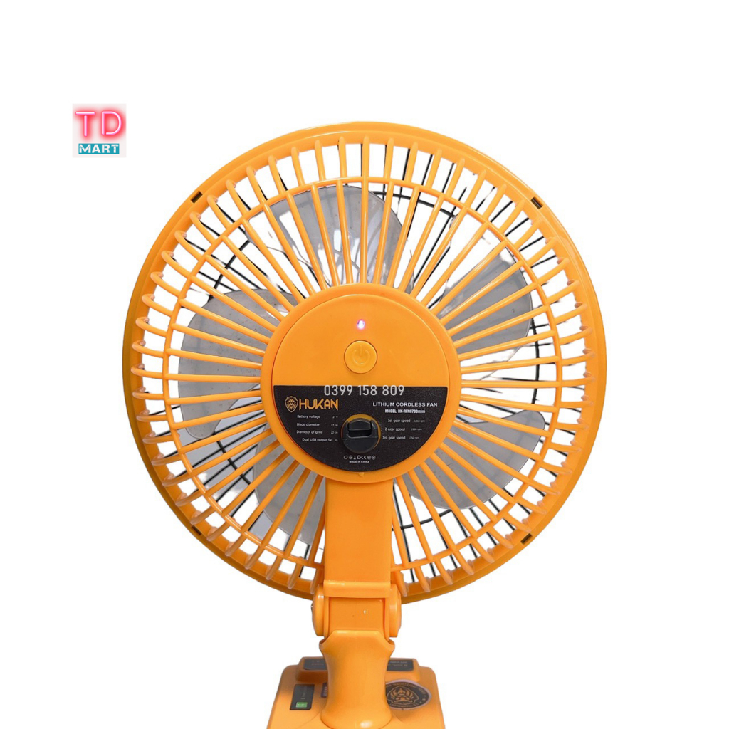 Quạt 8inch Chạy Pin Hukan HK-RFN0700Mini Không Thổi Than Có 2 Cổng Sạc USB, Chân pin phổ thông Makita