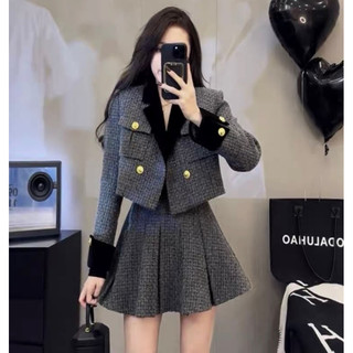 Set dạ tweed áo khoác dáng lửng cổ vest phối chân váy xoè siêu xinh_hàng order qccc kèm ảnh thật