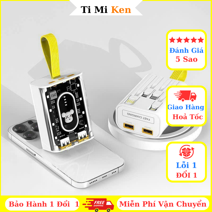 Pin Sạc dự phòng trong suốt 20000mAh tích hợp 3 đầu cáp sạc dùng được nhiều thiết bị điện thoại hỗ trợ sạc nhanh đèn led