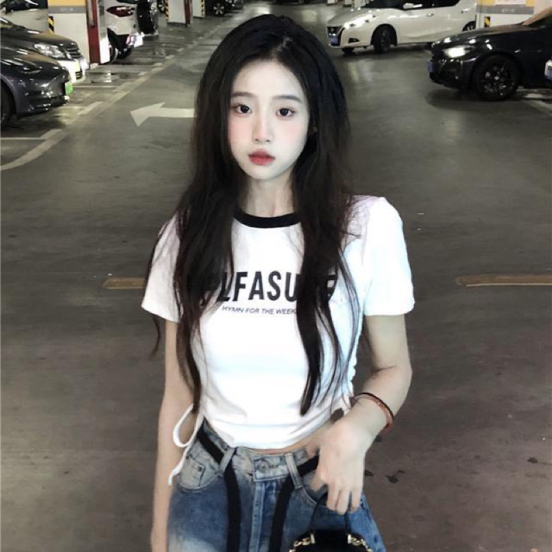 Áo Baby Tee croptop Nữ Cổ Tròn Phối Viền dây rút sườn chất thun tăm co dãn,áo thun ôm body nữ SA58 HOASUMO