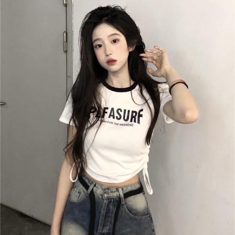 Áo Baby Tee croptop Nữ Cổ Tròn Phối Viền dây rút sườn chất thun tăm co dãn,áo thun ôm body nữ SA58 HOASUMO