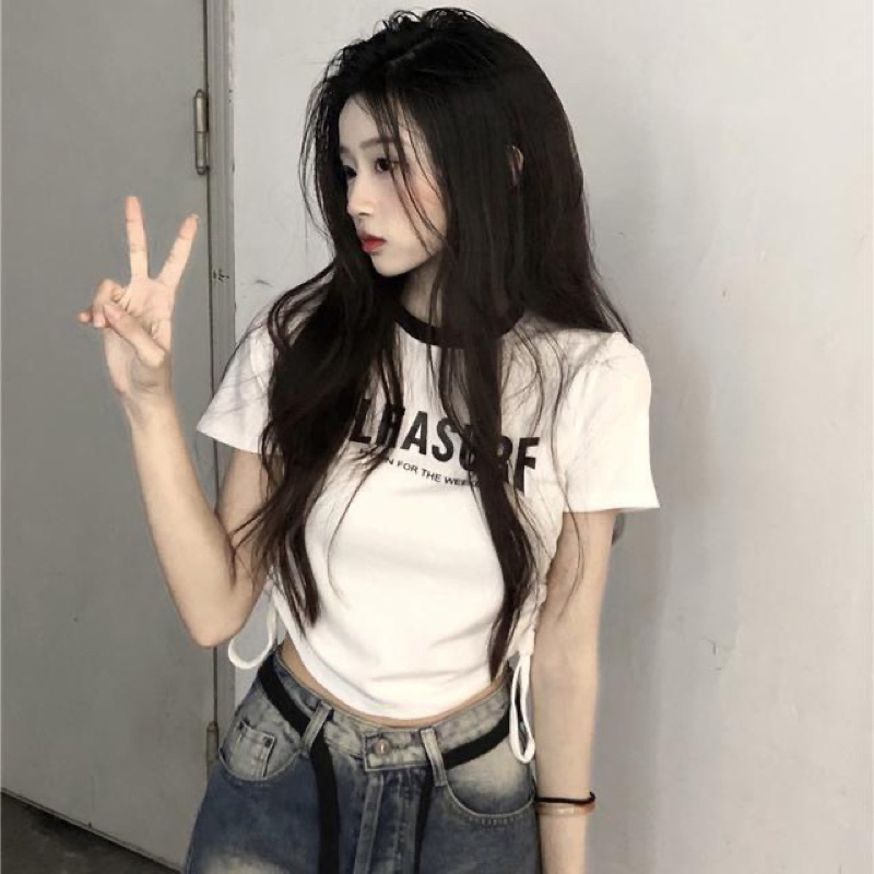 Áo Baby Tee croptop Nữ Cổ Tròn Phối Viền dây rút sườn chất thun tăm co dãn,áo thun ôm body nữ SA58 HOASUMO