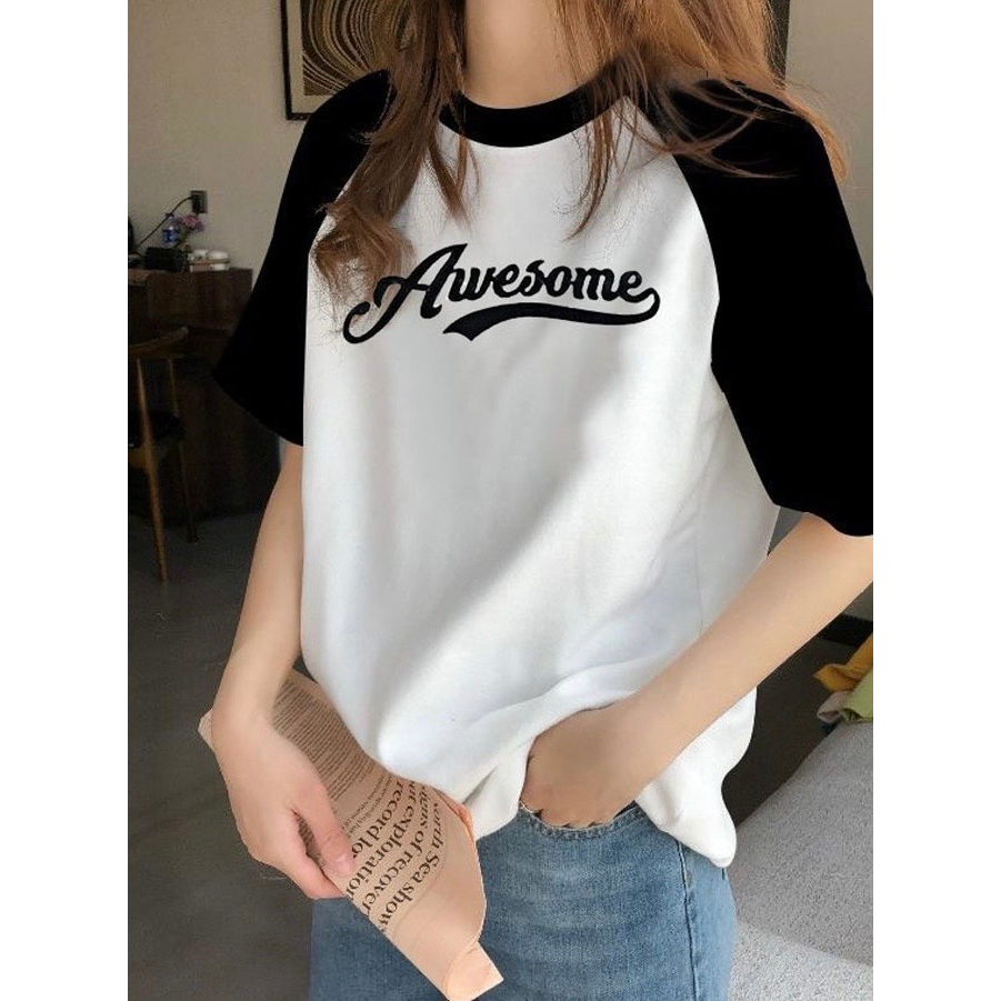 Áo baby tee Awesome,áo thun nữ hottrend 2023 chất bozip tay zắc lăng phối đen trắng SA410 HOASUMO