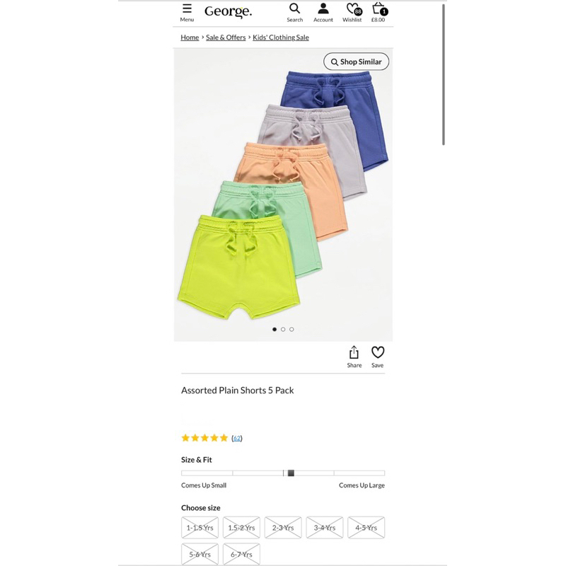 Tách set 5 quần short George UK size 18-24m/2-3y