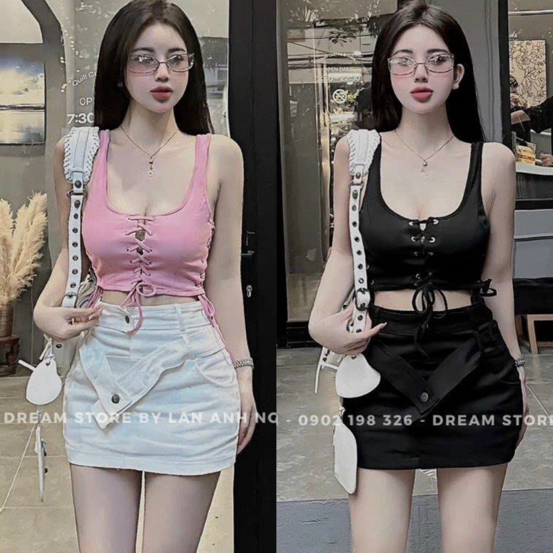 Set Áo Dây Bản Đan Ngực Croptop + Chân Váy A Kaki Jeans Kiểu Đắp Dây