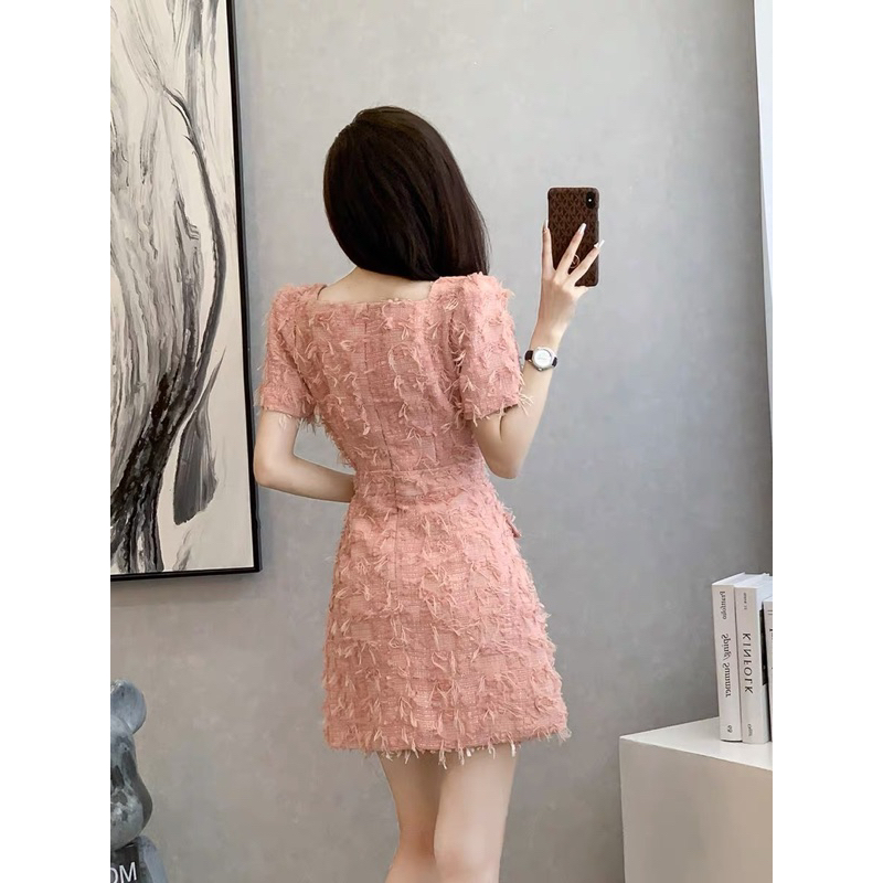 Váy dạ tweed hồng Lông Tua Rua phong cách Hàn Quốc basic