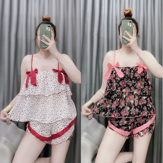 Bộ đồ ngủ dây voan satin 2 tầng dễ thương dưới 55kg