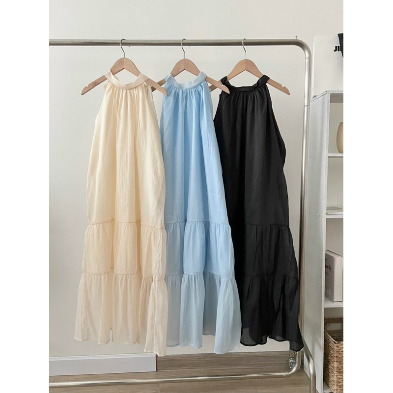 Đầm maxi cổ yếm dáng xoè chất voan ánh kim đầm maxi buộc nơ lưng