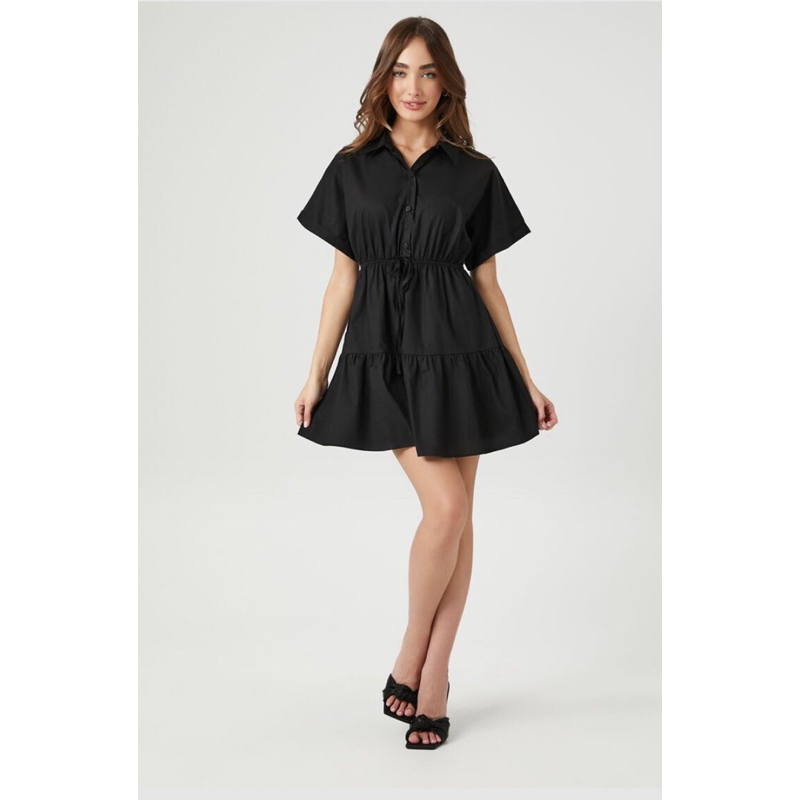 Đầm sơ mi thắt eo Trắng/Đen - Tiered Poplin Shirt Dress