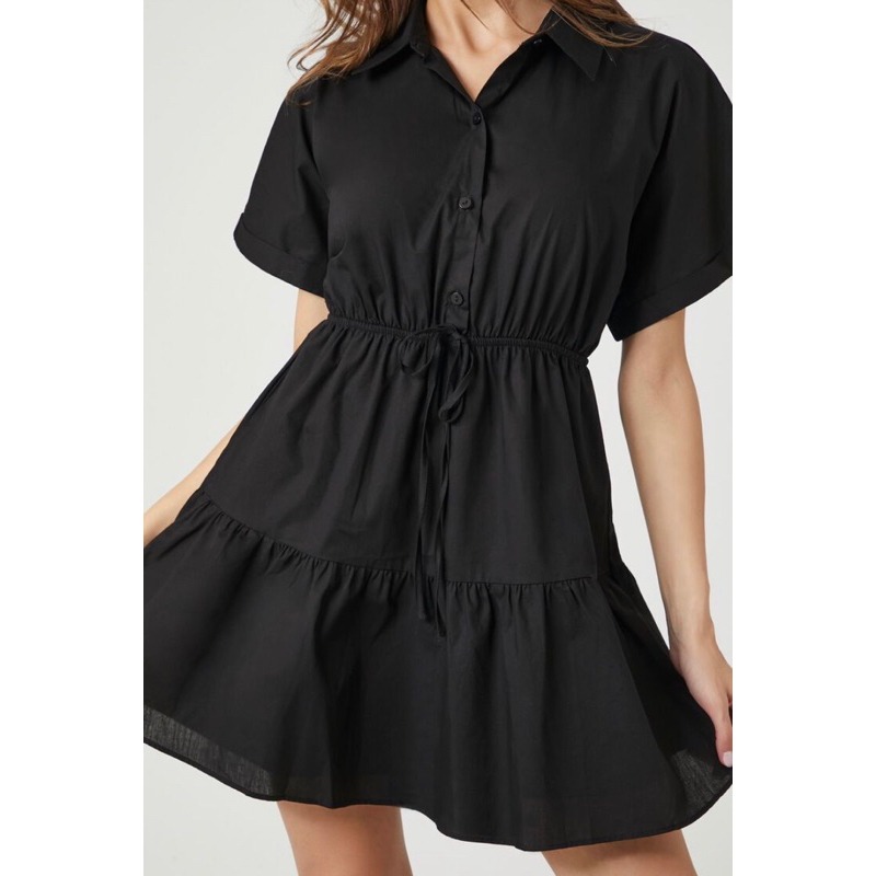 Đầm sơ mi thắt eo Trắng/Đen - Tiered Poplin Shirt Dress