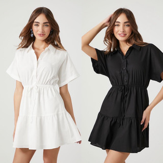 Đầm sơ mi thắt eo Trắng/Đen - Tiered Poplin Shirt Dress