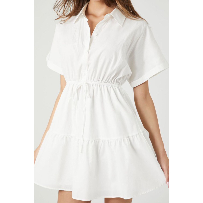 Đầm sơ mi thắt eo Trắng/Đen - Tiered Poplin Shirt Dress