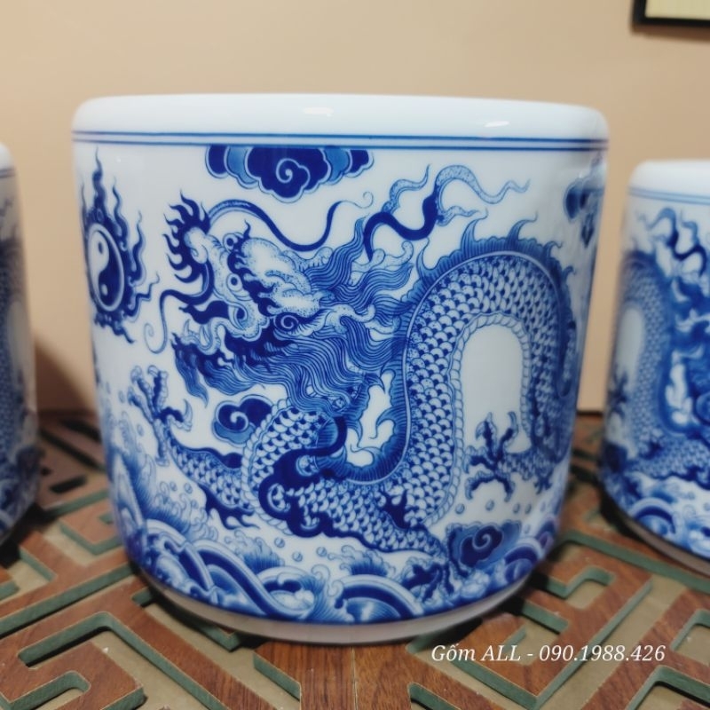 Bát hương họa tiết rồng men trắng phong thủy bày bàn thờ gia tiên đủ kích thước gốm ALL Bát Tràng hàng đẹp