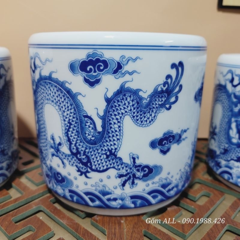 Bát hương họa tiết rồng men trắng phong thủy bày bàn thờ gia tiên đủ kích thước gốm ALL Bát Tràng hàng đẹp