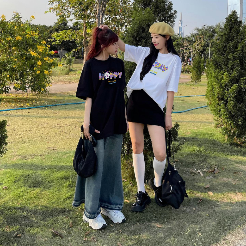 Áo Thun Nam Nữ Form Rộng Tay Lỡ Unisex Áo Phông Couple Tròn Basic Tee Overisze Cặp Đôi Yêu HAPPY LUCKY mới trend hè 2023