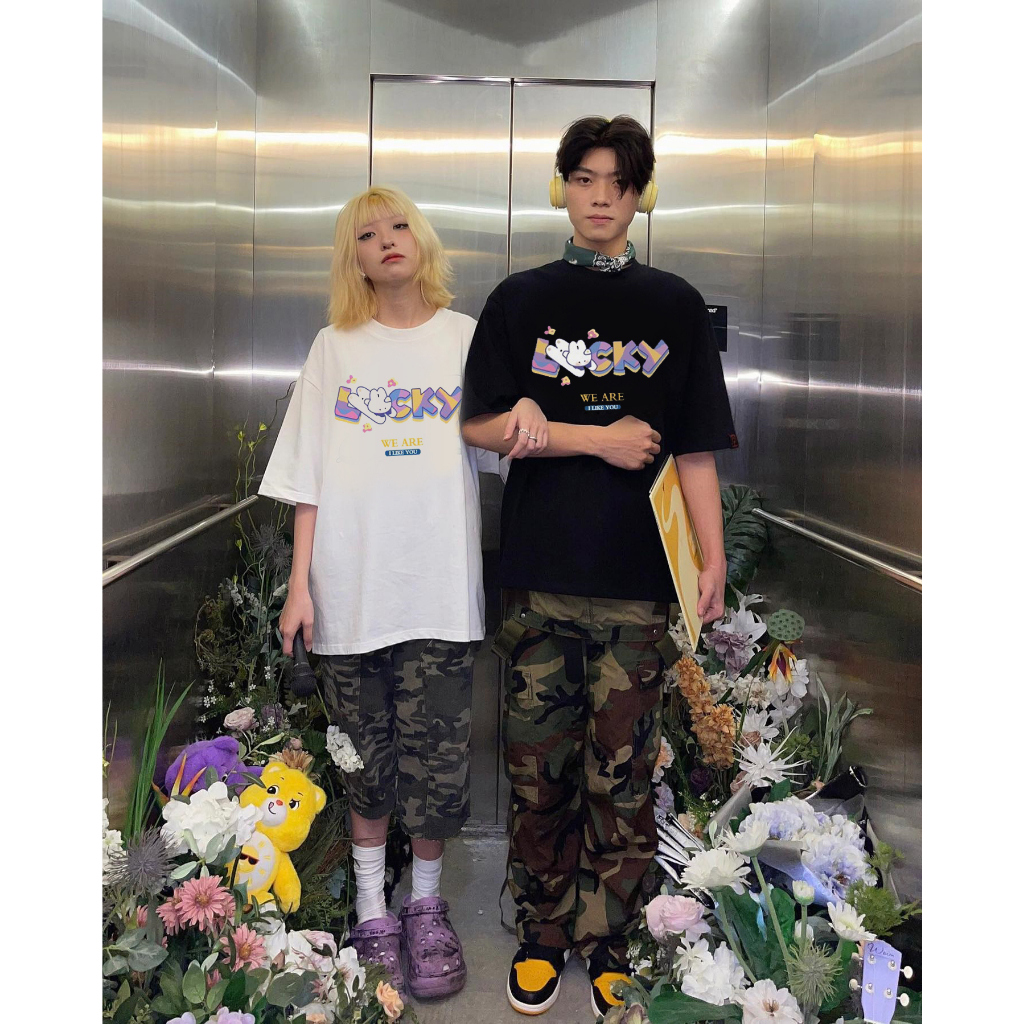 Áo Thun Nam Nữ Form Rộng Tay Lỡ Unisex Áo Phông Couple Tròn Basic Tee Overisze Cặp Đôi Yêu HAPPY LUCKY mới trend hè 2023