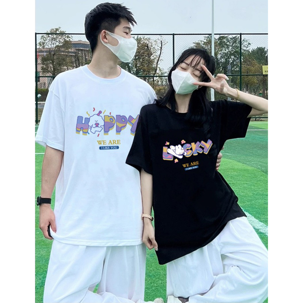 Áo Thun Nam Nữ Form Rộng Tay Lỡ Unisex Áo Phông Couple Tròn Basic Tee Overisze Cặp Đôi Yêu HAPPY LUCKY mới trend hè 2023