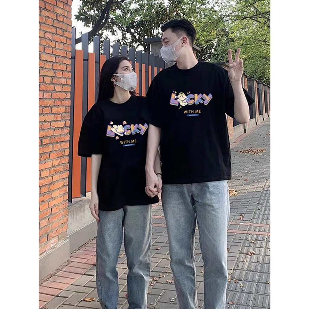 Áo Thun Nam Nữ Form Rộng Tay Lỡ Unisex Áo Phông Couple Tròn Basic Tee Overisze Cặp Đôi Yêu HAPPY LUCKY mới trend hè 2023