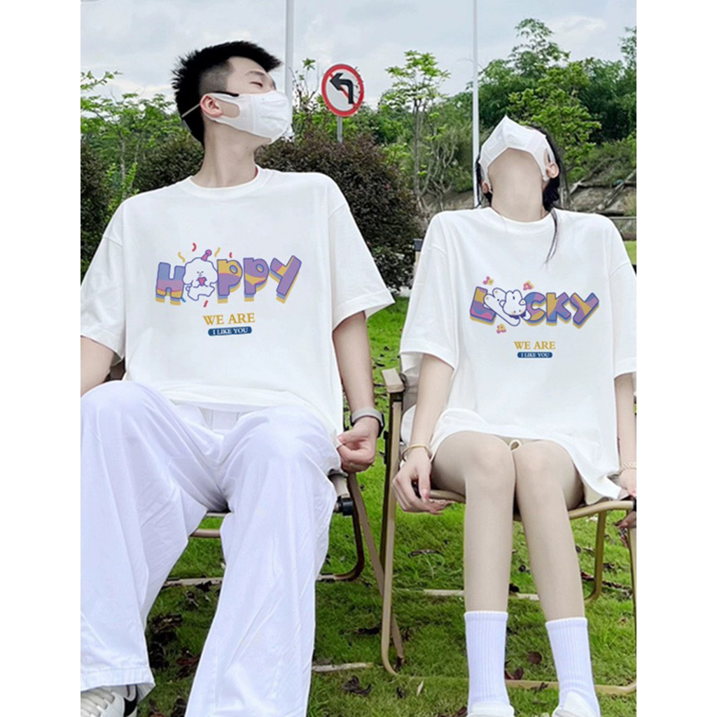 Áo Thun Nam Nữ Form Rộng Tay Lỡ Unisex Áo Phông Couple Tròn Basic Tee Overisze Cặp Đôi Yêu HAPPY LUCKY mới trend hè 2023