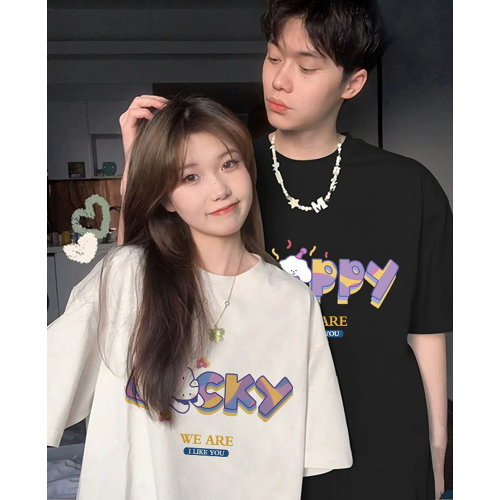 Áo Thun Nam Nữ Form Rộng Tay Lỡ Unisex Áo Phông Couple Tròn Basic Tee Overisze Cặp Đôi Yêu HAPPY LUCKY mới trend hè 2023