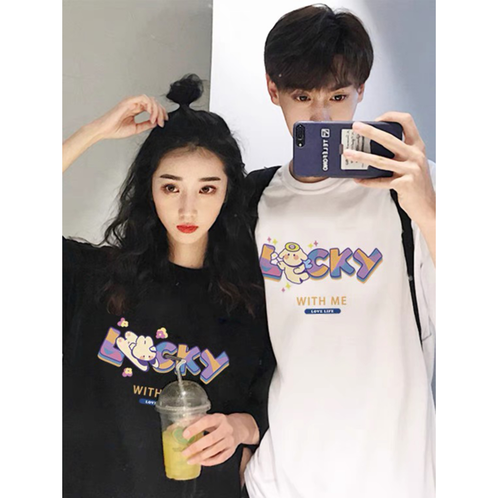 Áo Thun Nam Nữ Form Rộng Tay Lỡ Unisex Áo Phông Couple Tròn Basic Tee Overisze Cặp Đôi Yêu HAPPY LUCKY mới trend hè 2023