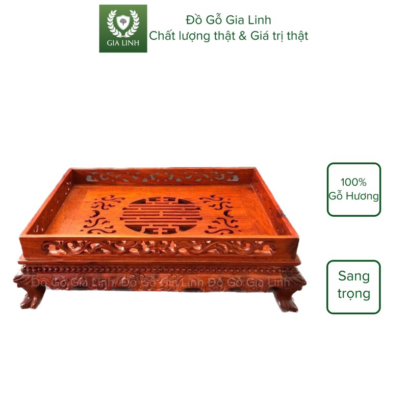 Khay trà Chân quỳ Đồ Gỗ Gia Linh gỗ Hương đá đục chạm sắc nét KT 37cm x 27cm x 13cm