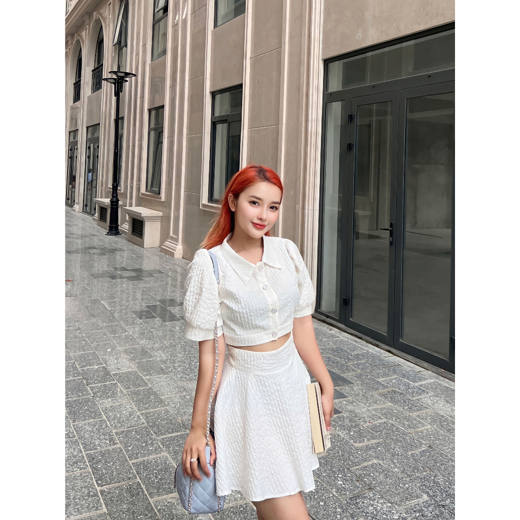Set Cổ Sơ Mi Cúc Kiểu Vải Xốp Nổi - Set Nữ Áo Kèm Chân Váy Xòe Đáng Yêu