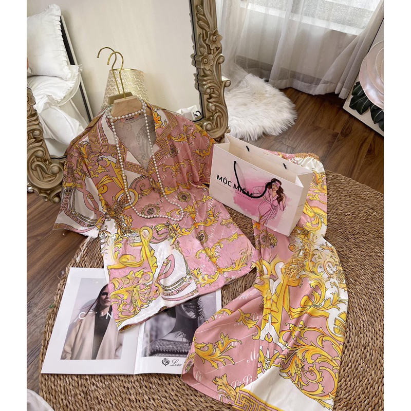 Set Pijama Lụa xước Tô Châu Hoa Văn hồng vàng