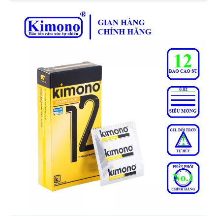 Bao cao su Kimono siêu mỏng 0.02mm màu vàng chứa vitamin B cấp ẩm bôi trơn Hộp 12 cái