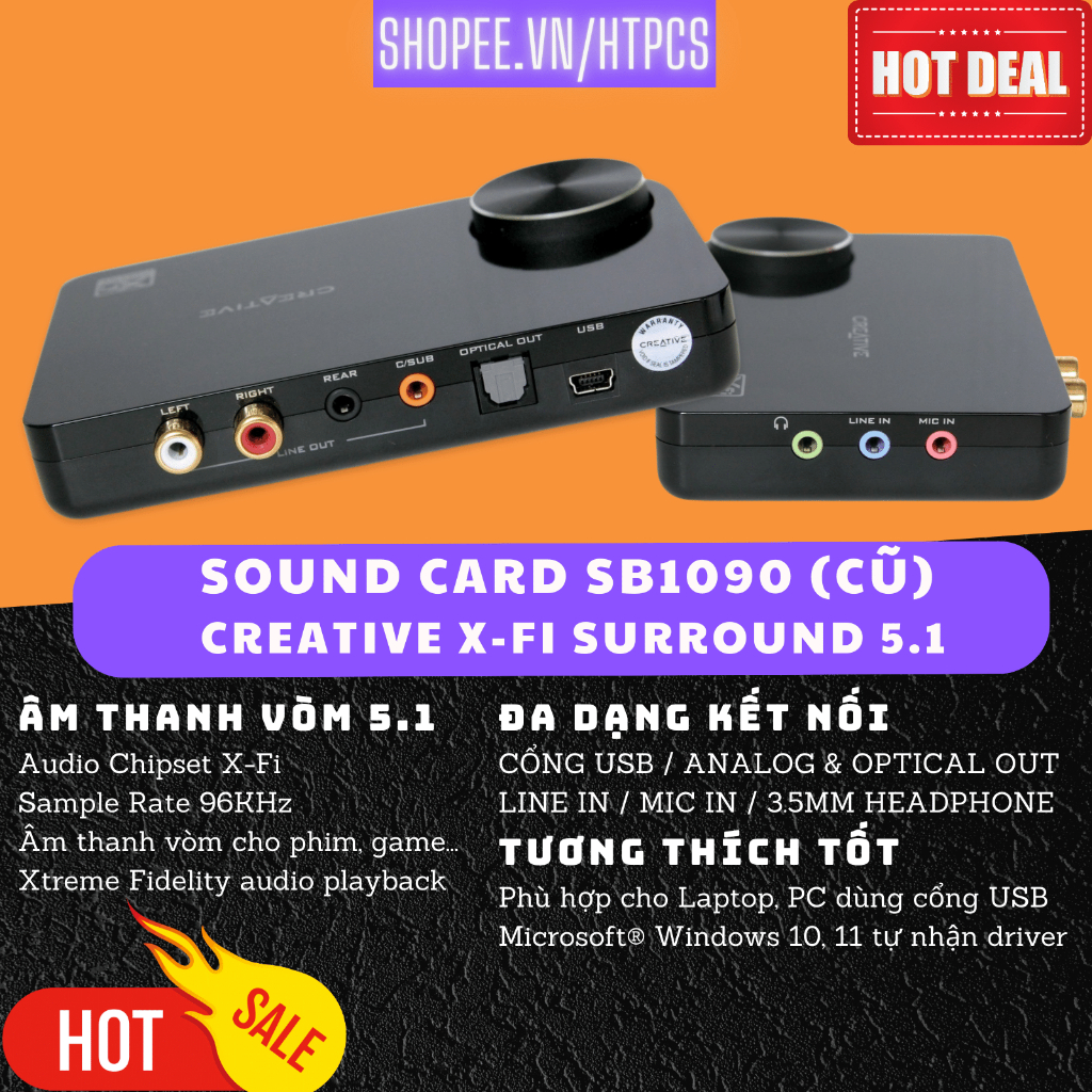 Card âm thanh Creative Sound Blaster X-Fi Surround 5.1 (Cũ) SB1090 SB1095 Pro Sound Vòm 5.1 Quang optical digital analog