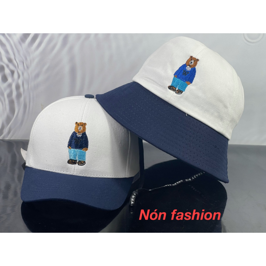 Mũ cặp - Nón đôi - Mũ couple dành cho bé 6 - 12 tuổi thêu gấu phối trắng xanh thời trang siêu đẹp