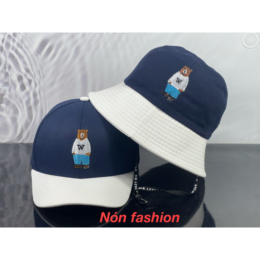 Mũ cặp - Nón đôi - Mũ couple dành cho bé 6 - 12 tuổi thêu gấu phối trắng xanh thời trang siêu đẹp