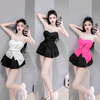 Áo ống quây cúp ngực lưng chun vạt xéo phối khuy ngọt ngào