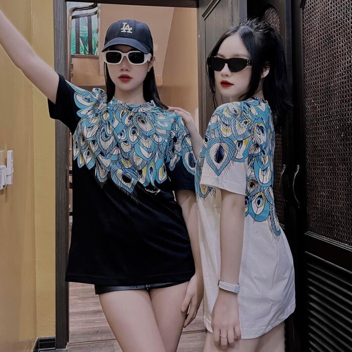 Áo thun nam nữ lông công kín cổ vai 3D sắc nét cá tính, Áo phông Unisex cánh chim trắng thời trang trẻ trung cá tính