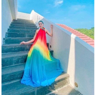 Đầm maxi đi biển váy đi biển  loang màu cổ yếm hoa kèm ảnh thật shop tự chụp