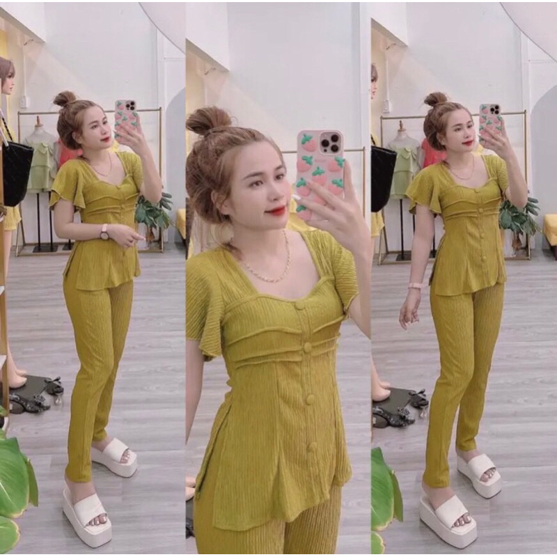 Sét Bộ Thun Xốp Nhật Áo Nút Bọc Chất Thun Xốp Cao Cấp Quần Ôm Có Túi Quần _Set Bộ Nữ Đẹp _Pusam Shop