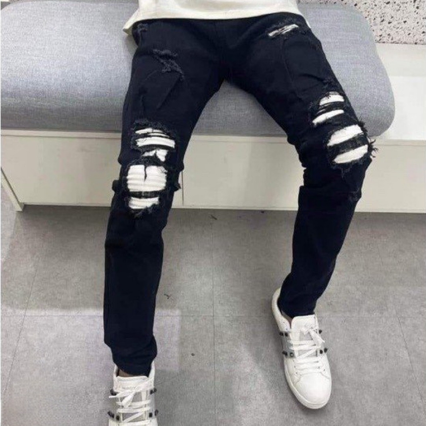 Quần jean nam rách vá xanh vải co giãn kiểu boy phố trẻ trung mẫu-AXSTORE