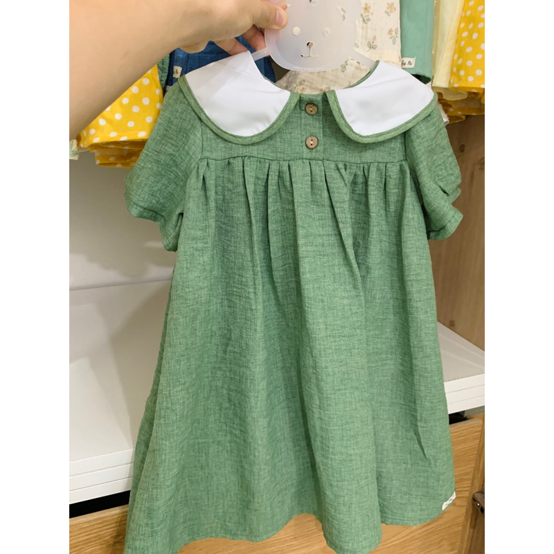 *Tiệm nhà Mì* Đầm bé gái dáng babydoll cổ lá sen chất vải đũi jean dày dặn