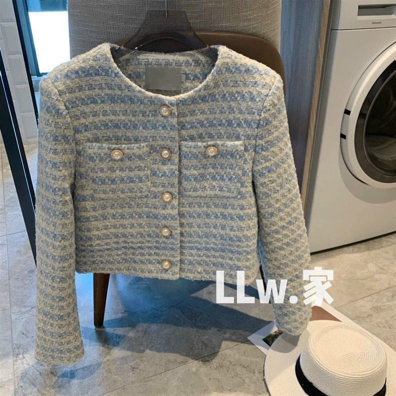 Áo Khoác dạ tweet kẻ xanh hàng QCCC cúc bọc hàng siêu cấp