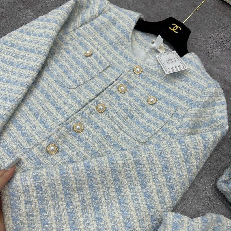 Áo Khoác dạ tweet kẻ xanh hàng QCCC cúc bọc hàng siêu cấp