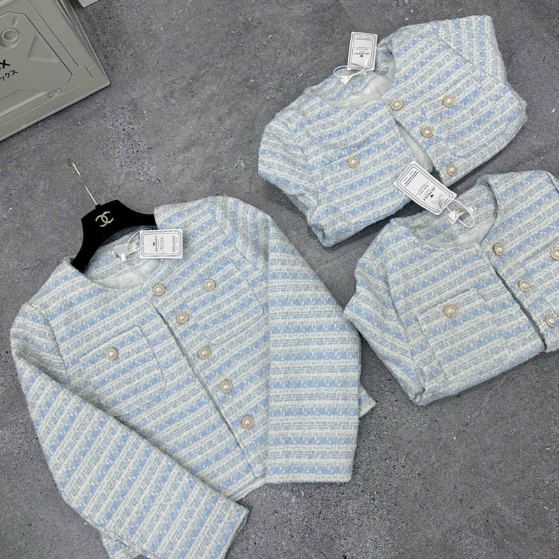 Áo Khoác dạ tweet kẻ xanh hàng QCCC cúc bọc hàng siêu cấp