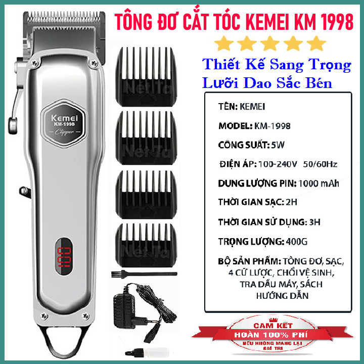 Tông Đơ Cắt Tóc Kemei KM 1998 Cao Cấp - Pin Lithium 2000mAh - Hàng Chính Hãng Chuẩn Salon - Bảo Hành 12 Tháng