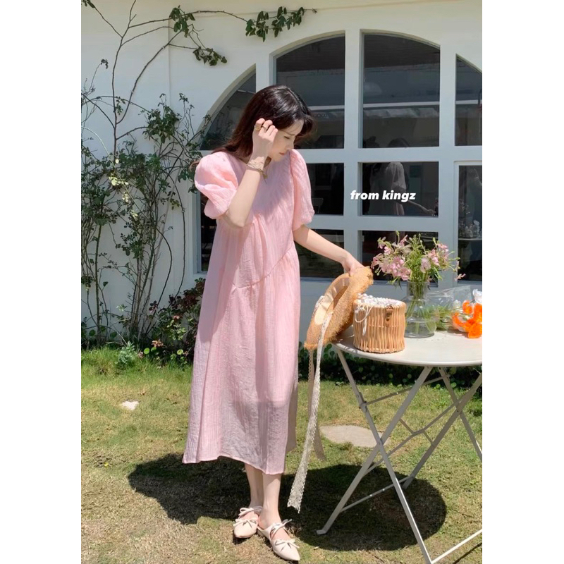 Váy dáng dài suông nơ lưng màu hồng pastel tiểu thư _ Zelda studio